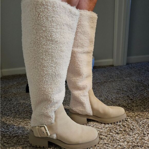 Franco Sarto Beige Shearling Knee-High Boots - Picture 2 of 6